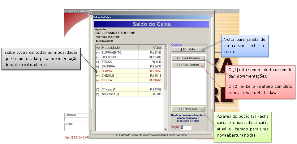 Figura 2 - Opção para acessar o saldo em caixa.