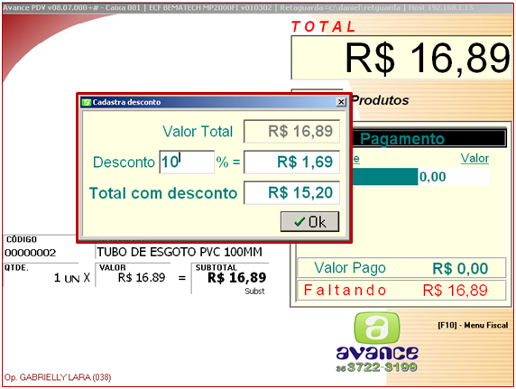 8- Efetuando desconto no total do cupom. Se configurado, é possível realizar desconto no cupom fiscal.