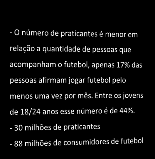 Fãs de futebol consomem mídia e/ou praticam futebol Segundo o Ibope TGI, no Brasil 46% das pessoas
