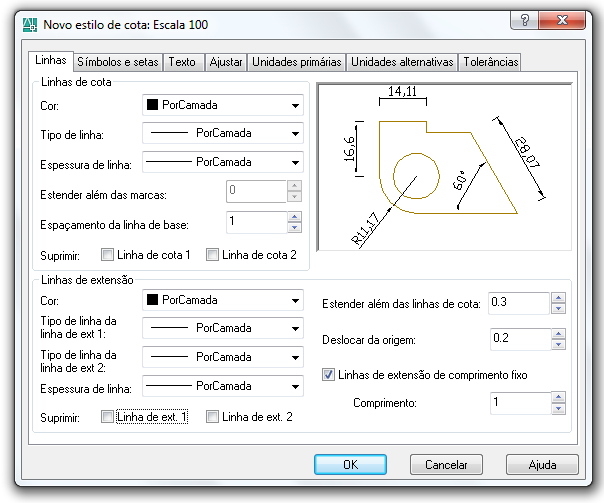 Na primeira guia (LINHAS), é onde podemos definir o formato e as propriedades das linhas de cota, linhas de extensão, pontas de seta e marcas de centro.