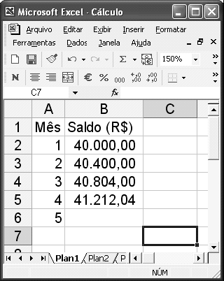 A figura acima mostra uma janela do Excel 2002, com uma planilha em processo de edição.