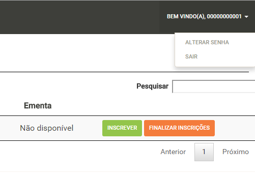 Após finalizar o cadastro de todos os alunos, clique na setinha de Bem vindo(a) e clique em SAIR.