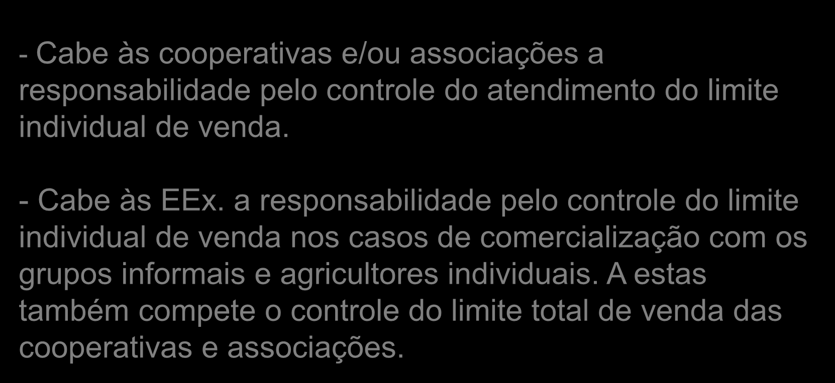 Resolução CD/FNDE nº 4, de 2 de abril de 2015 - Cabe às cooperativas e/ou associações a responsabilidade pelo controle do atendimento do limite individual de venda. - Cabe às EEx.