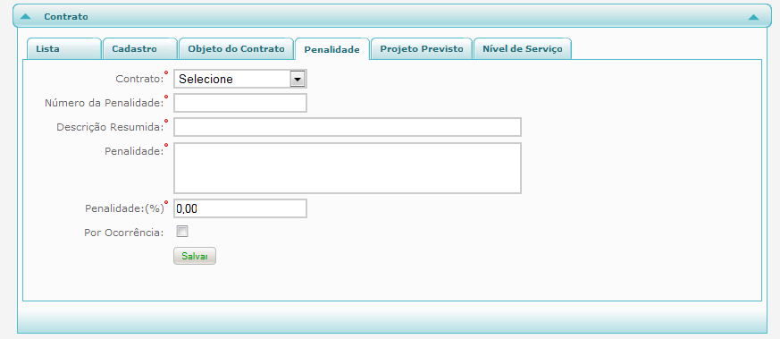 Cadastro de penalidade Na opção de menu Contrato, item Contrato, aba Penalidade cadastra informações das penalidades.