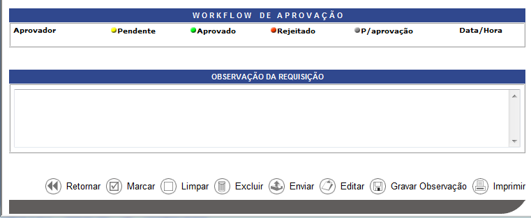 Edição da Requisição: Passo 7: Clicar no botão MARCAR (que seleciona os itens) e, posteriormente, no botão EDITAR. Pode-se, ao clicar neste clipe, acrescentar um anexo ao item.