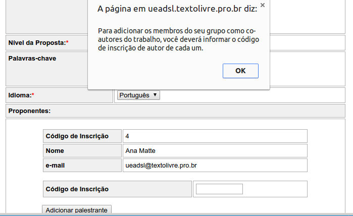 Para cadastrar os outros autores, basta inserir um novo código de inscrição para