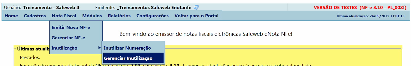 Outra forma de inutilizar uma numeração é através do botão Definir Faixa. Informe a série, o número final e o inicial da faixa para inutilizar. Digite uma justificativa e clique em OK.