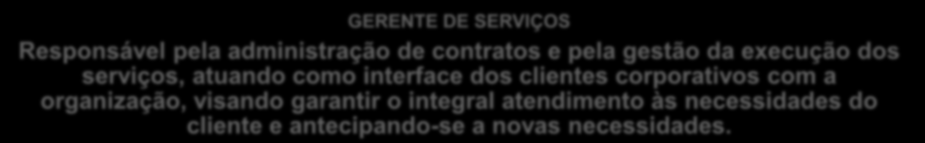 Sumário do Cargo GERENTE DE SERVIÇOS Responsável pela administração de contratos e pela gestão da execução dos serviços, atuando como interface dos clientes