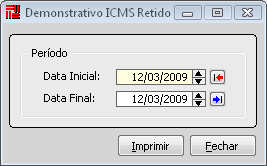 Demonstrativo de cálculo ICMS Retido sobre Peças Gera uma listagem de notas fiscais de um determinado período, que contenha os valores de ICMS retido, base de ICMS, ICMS próprio, à recolher, entre