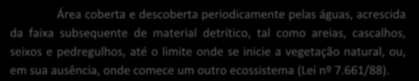 A PRAIA Área coberta e descoberta periodicamente pelas águas, acrescida da faixa subsequente de material detrítico, tal como areias, cascalhos,