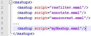 Implantação de scripts mashups Copiar o arquivo EMML na pasta web-apps-home/emml/web-inf/classes Registrar o mashup: Abrir, com qualquer editor XML, o arquivo mashups.