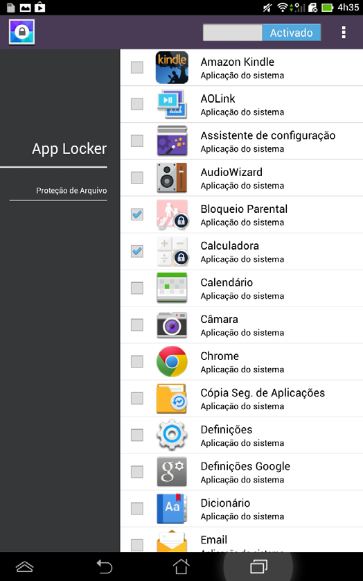 Ecrã do App Locker Desloque o controlo de deslize para a direita para activar o App Locker e a lista de aplicações. Toque aqui para configurar as definições do App Locker.