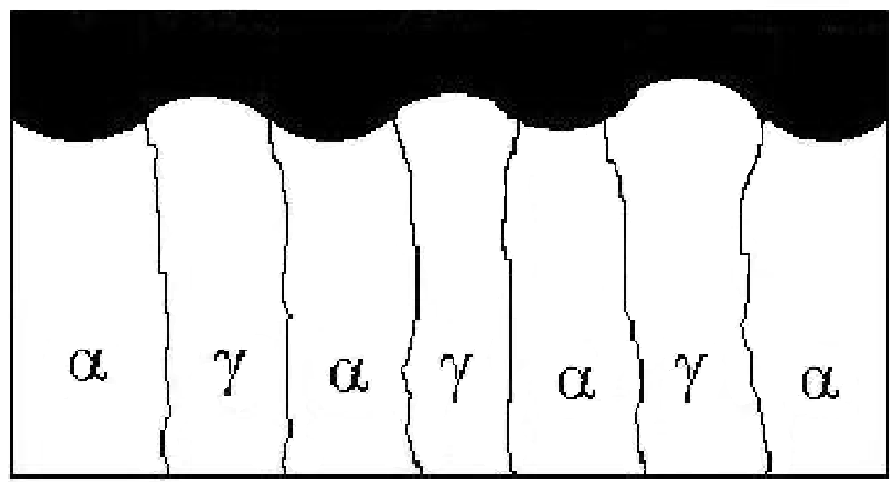 71 Figura 29 Representação esquemática da morfologia da camada formada por nitretação a plasma. Pode-se observar que o limite inferior da camada não é reto, pois apresenta arcos côncavos e convexos.