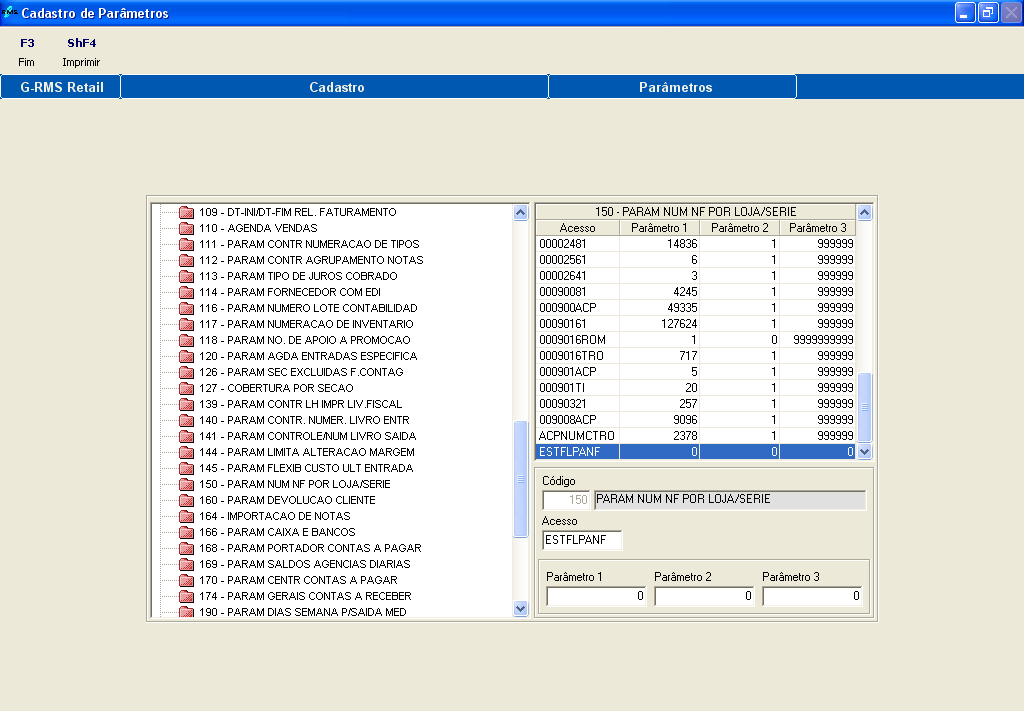 CODIGO...: 150 ACESSO...: ESTFLPANF CONTEÚDO.: 9999999999 9999999999 9999999999 No primeiro conteúdo o programa irá controlar a numeração das notas fiscais.