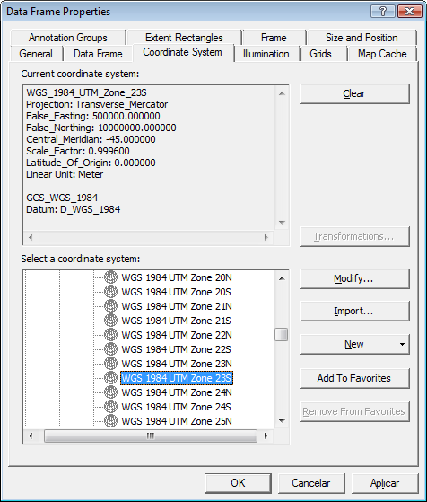 Figura 16. Configuração do sistema de coordenadas do mapa na Janela Data Frame Properties.