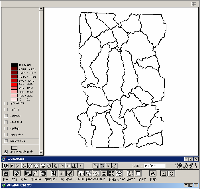 20. No menu TERRAIN PREPROCESSING, opção WATERSHED DELINEATION deverá aparecer a seguinte janela: Após o processamento (5 minutos) obtémse a imagem ao lado. 21.