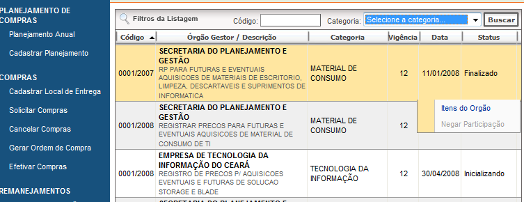 Planejamento Cadastrar Planejamento 3 Ao selecionar (posicionar mouse