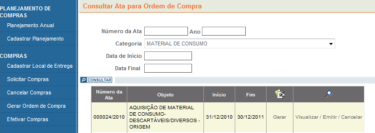 Compras Gerar Ordem de Compras 8.5 Ao realizar a consulta(passo 8.