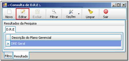 R.E que deseja alterar.após realizar a consulta, selecione a D.R.E. e clique em <Editar>. A tela de Manutenção de D.R.E. será exibida. As linhas da D.R.E em questão serão exibidas bem como sua composição.