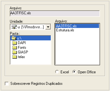 Passo 5 Seleção do Arquivo Inicialmente, devem ser selecionadas a Unidade e a Pasta onde está o arquivo a ser importado, que deverá obrigatoriamente, estar no formato xls, caso contrário nem será