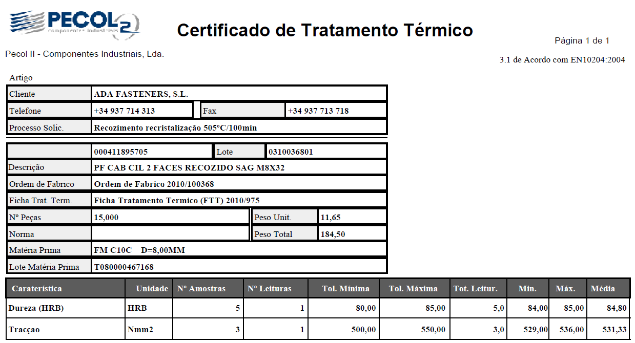 Fig. 5.1.c Certificados do Tratamento Térmico para o parafuso apresentado; (Fonte: Departamento Tratamentos Térmicos, Pecol II, Componentes Industriais, Lda.