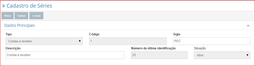 Ao gerar um título a receber ou a pagar o código atribuído será sempre o Número da última identificação + 1. A Sigla é o identificador da série e será solicitada ao criar um novo título.