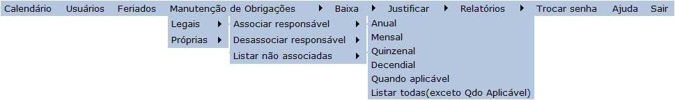 Manutenção Posicione o cursor na guia Manutenção de obrigações > Próprias > Manutenção e clique na periodicidade escolhida. O sistema apresentará uma tela com a relação das obrigações já cadastradas.