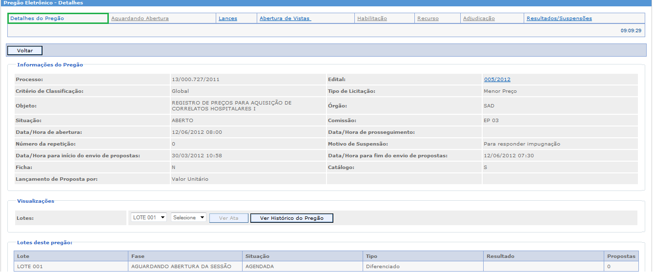 Na tela de abertura do pregão o (a) interessado (a) tem uma visão ampla de todos os dados do pregão que está em andamento. 4.4.1 Aba Detalhes do Pregão Essa aba contém as informações do Pregão.