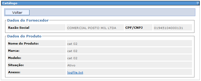 O sistema disponibilizará o registro do catalogo anexado anteriormente, nesta opção é possível fazer download do arquivo