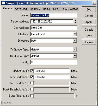 CONFIGURAÇÃO DO MIKROTIK Controle de Banda: O controle de banda funciona a partir do