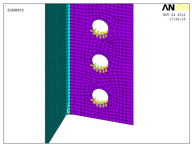 26 Figura 9 Cantoneira com 3 parafusos de 12,5mm; configuração da malha A Figura 10 apresenta diagrama de tensões de von Mises após o processamento do modelos dentro do programa ANSYS para o perfil