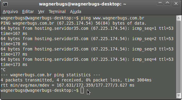 Obs: Percebam que meu endereço de IP é 192.168.0.137 ping (testa a conectividade e busca endereço de ip de servidores) Formato: ping <endereço_do_site> Ex: ping www.wagnerbugs.com.