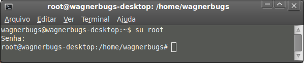 Obs: perceba que estava como usuário wagnerbugs e após digitar o comando su root e digitar a senha passo a usar a conta do usuário root.