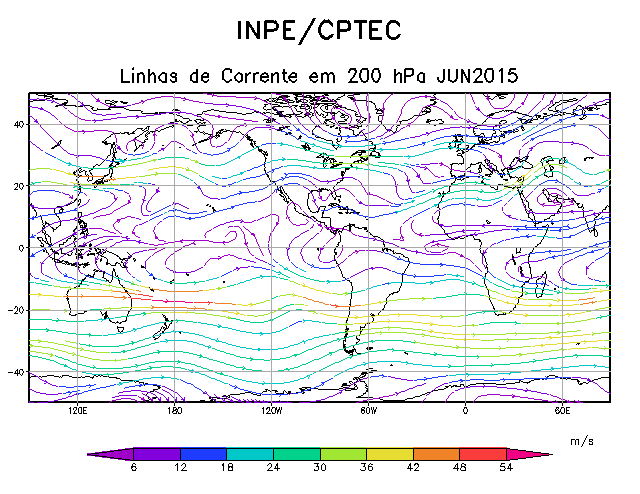 Figura 15 Anomalias de linhas de corrente referentes ao mês de Junho de 2015-850 hpa. Fonte: CPTEC/INPE.