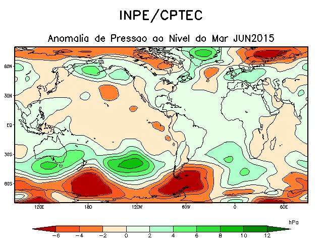 No campo de anomalia de pressão ao nível do mar (Figura 17) constata-se que o centro de alta pressão do Atlântico Sul estava mais ao norte do que no mês de maio.