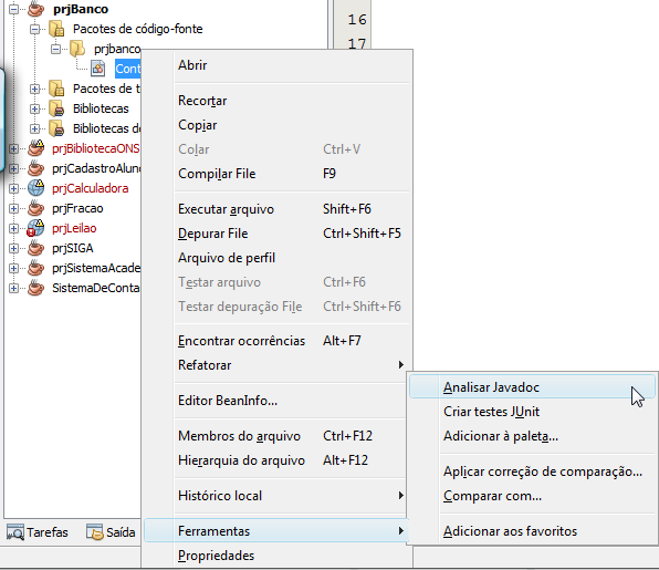 Gerando Javadoc Clique com o botão direito do mouse sobre o nó do projeto