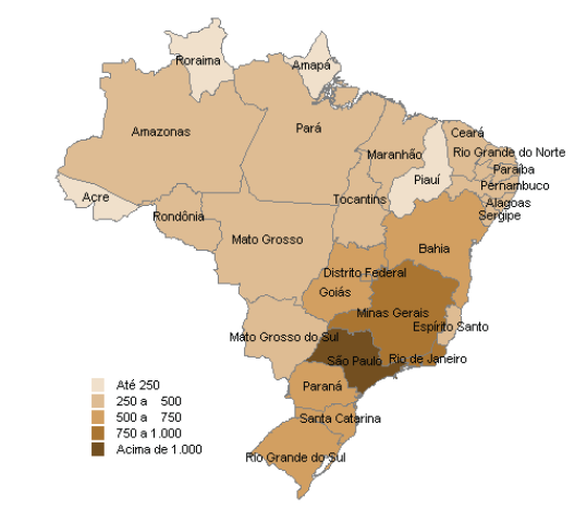 Mapa 1 - Operadoras em atividade por Unidade da Federação de residência do beneficiário (Brasil - março/2008) Fontes: