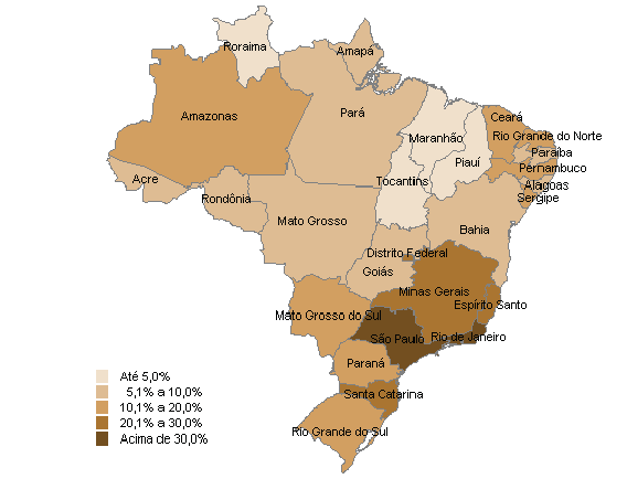 Mapa 2 - Taxa de cobertura dos planos de assistência médica por Unidades da Federação (Brasil - março/2008)