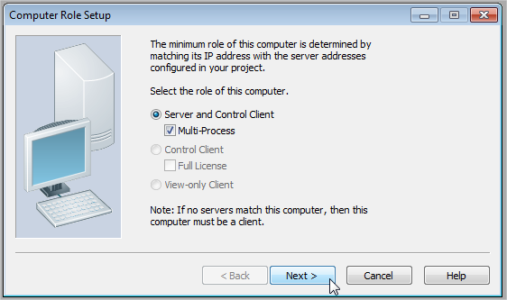 Configuração - Servidor > Neste passo selecione a opção Multi-Process: - Neste ponto o Vijeo Citect verifica o IP configurado na placa de rede do computador e o IP definido dentro do