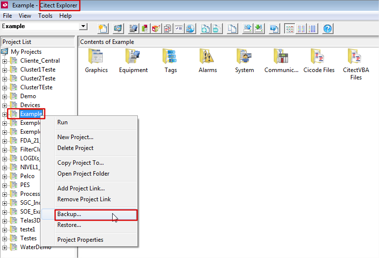 Configuração - Servidor > Vá ao Citect Explorer e faça o Backup do Projeto: - Clique com o botão