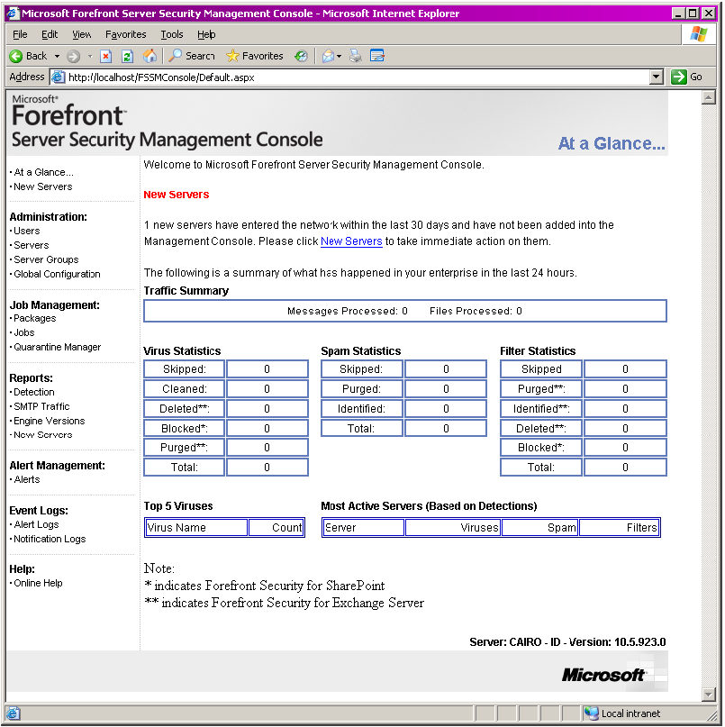 Página de Visualização Rápida do Forefront Server Security Management Console Os administradores também podem analisar relatórios detalhados sobre: As ações tomadas pelos produtos de segurança de