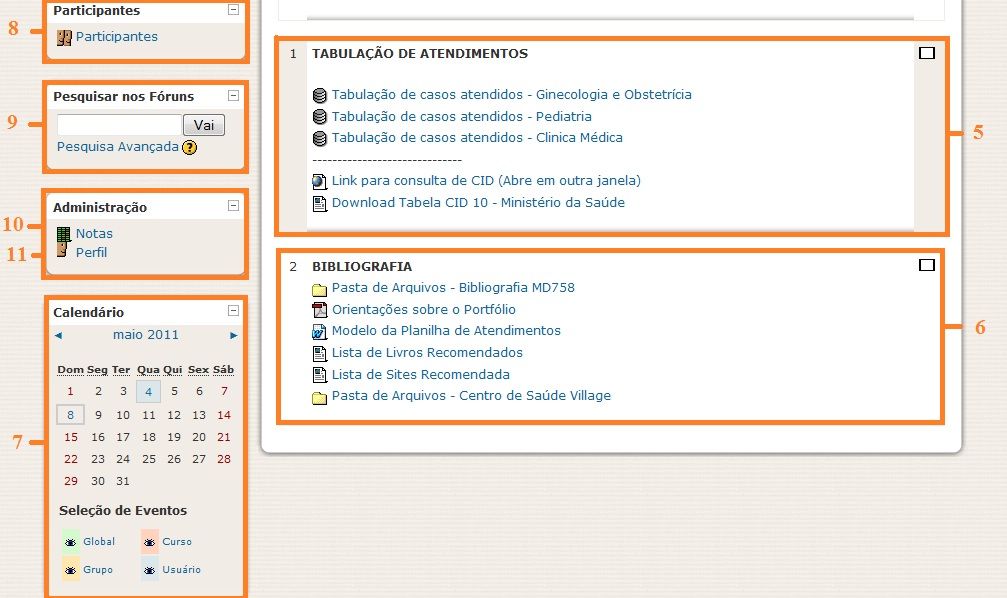 1- Identificação do usuário - Clicando aqui você também pode acessar seu Perfil. 2- Ementa da disciplina.