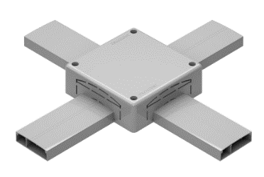 Derivação Tipo T Acessório que permite realizar todas as soluções para uma instalação, derivando o perfil perpendicularmente em qualquer plano. Fabricada em Termoplástico de Engenharia ABS/PC-V0.