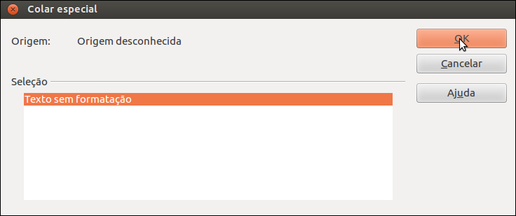 Figura 14. LibreOffice Calc: Cópia das coordenadas como texto sem formatação. Clique no botão OK.