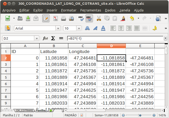 1.10 LibreOffice Calc: Multiplicação por -1 Coordenadas geográficas posicionadas à Oeste do Meridiano Principal e abaixo da Linha do Equador são negativas.