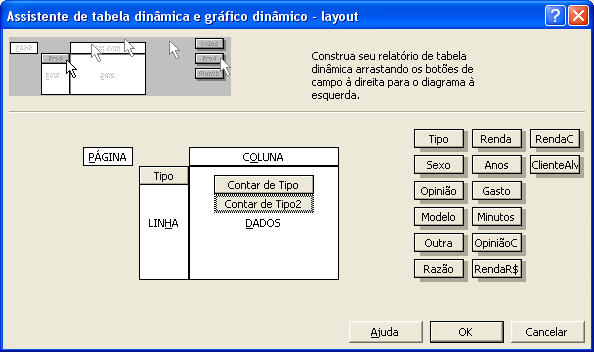 A forma como o Excel apresentará a contagem de Tipo pode ser mudada facilmente, clicando duas vezes sobre o botão Contar de Tipo no campo Dados.