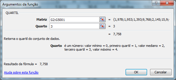 mas a função desconsidera células vazias. Antes mesmo de pressionar OK o Excel já apresenta o resultado: 5,796 salários mínimos (cerca de R$ 2956, em agosto de 2010).