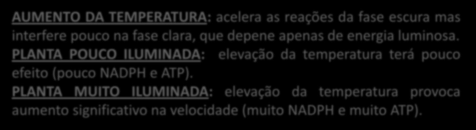 3) INFLUÊNCIA DA TEMPERATURA AUMENTO DA TEMPERATURA: acelera as reações da fase escura mas interfere pouco na fase clara, que depene apenas de energia luminosa.