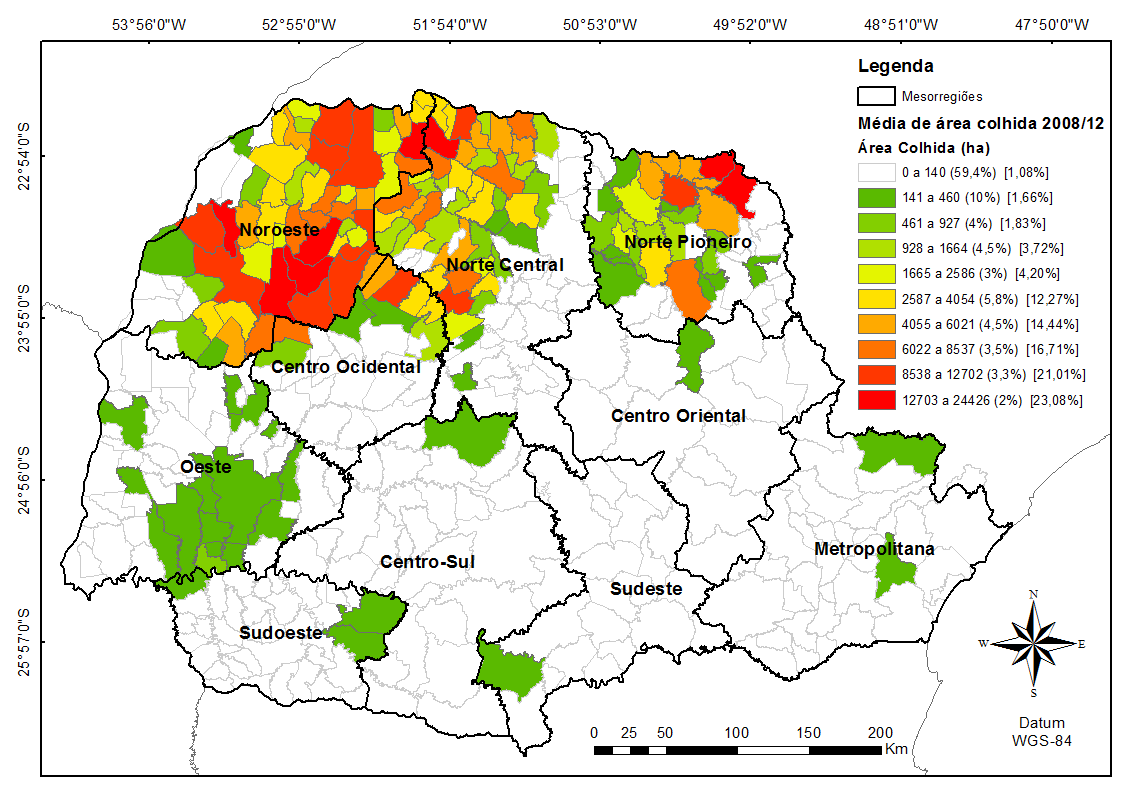 O objetivo deste trabalho foi realizar o mapeamento e estimar a área de cana-deaçúcar no estado do Paraná para o ano-safra 2013/2014 por meio de técnicas de geoprocessamento com imagens do satélite