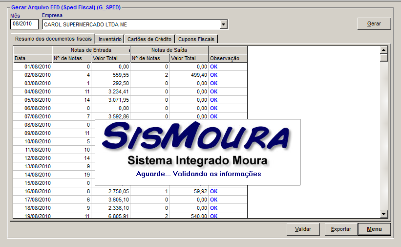 Após gerado o resumo, deve-se clicar no botão Validar, que é onde o sistema